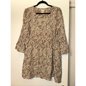 Sundance Women’s XL Floral Eyelet Lace Delphine Dress Tan Pink 3/4 Flare Sleeves